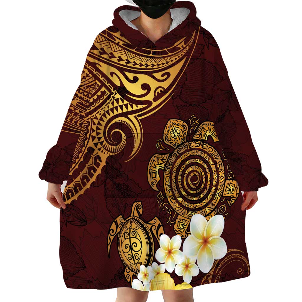 Polynesian Turtle Wearable Blanket Hoodie Plumeria Hibiscus Pattern Oxblood LT03 - Polynesian Pride