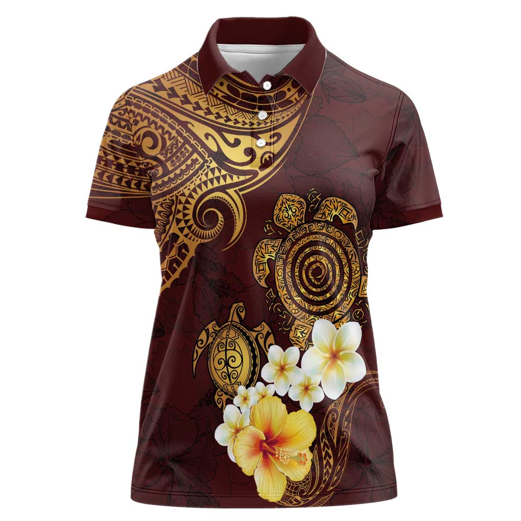 Polynesian Turtle Women Polo Shirt Plumeria Hibiscus Pattern Oxblood