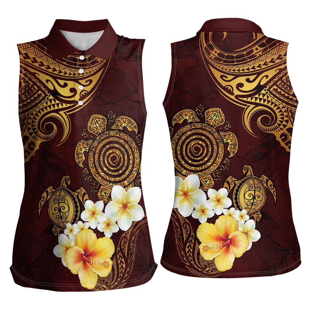Polynesian Turtle Women Sleeveless Polo Shirt Plumeria Hibiscus Pattern Oxblood