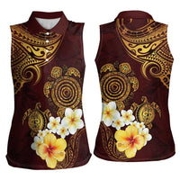 Polynesian Turtle Women Sleeveless Polo Shirt Plumeria Hibiscus Pattern Oxblood