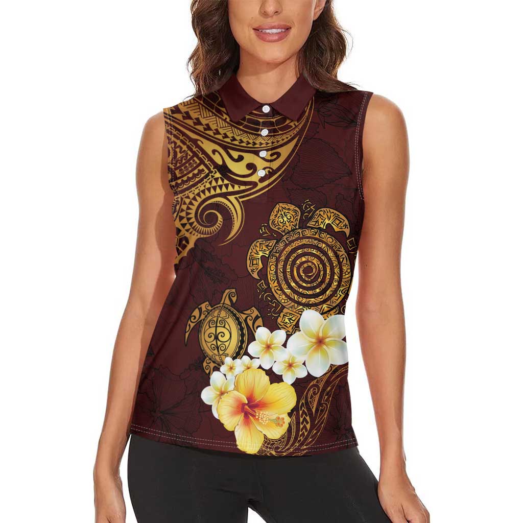 Polynesian Turtle Women Sleeveless Polo Shirt Plumeria Hibiscus Pattern Oxblood