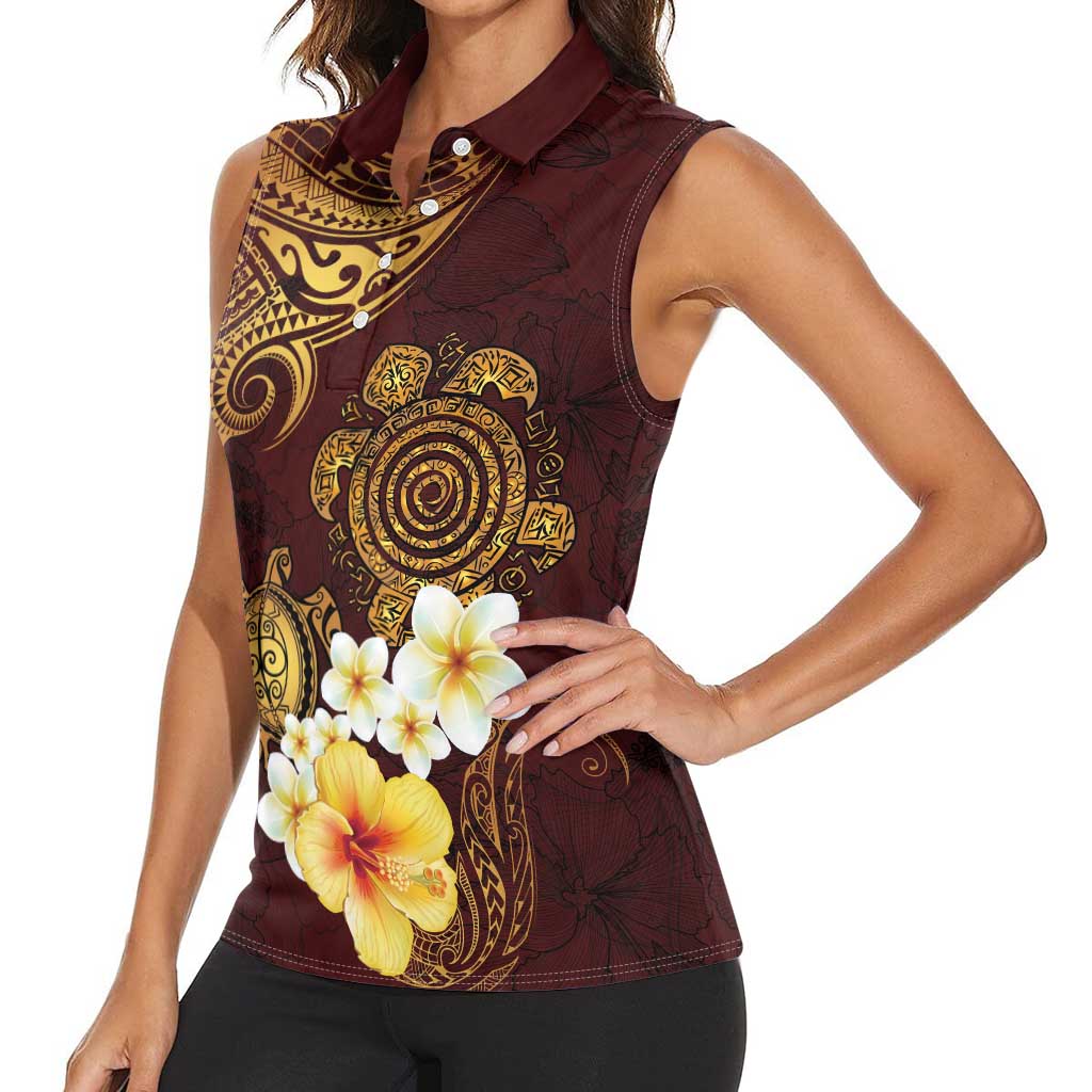 Polynesian Turtle Women Sleeveless Polo Shirt Plumeria Hibiscus Pattern Oxblood