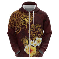 Polynesian Turtle Zip Hoodie Plumeria Hibiscus Pattern Oxblood