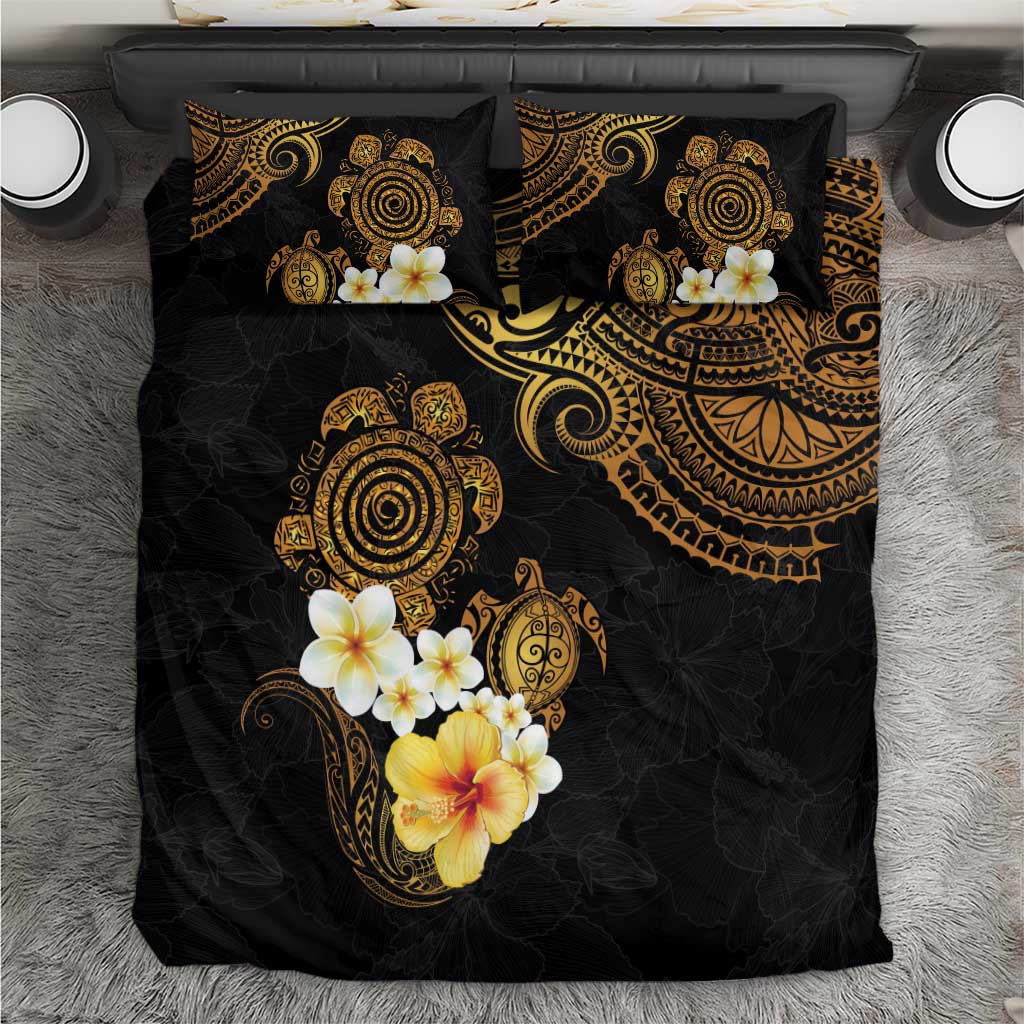Polynesian Turtle Bedding Set Plumeria Hibiscus Pattern Black Color