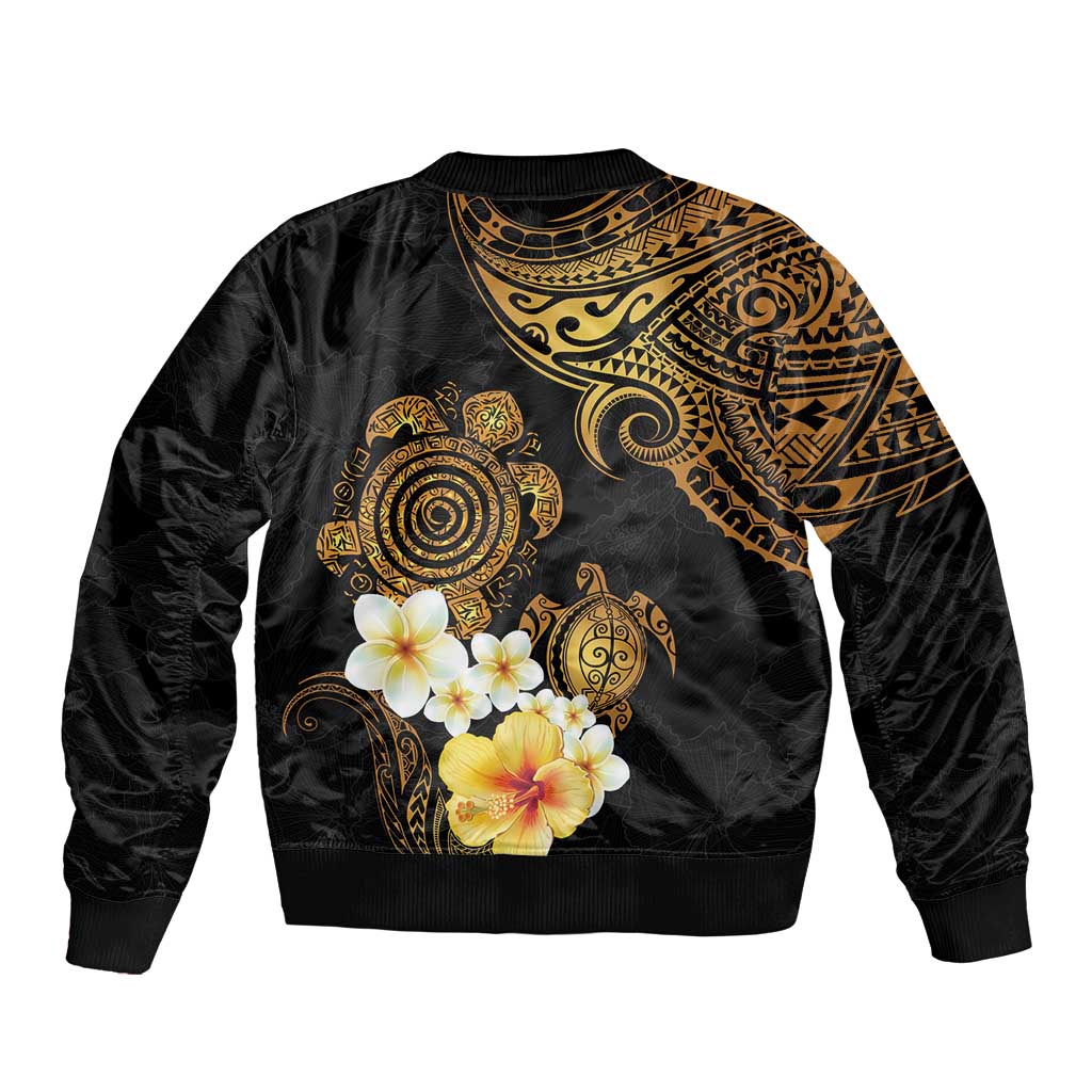 Polynesian Turtle Bomber Jacket Plumeria Hibiscus Pattern Black Color