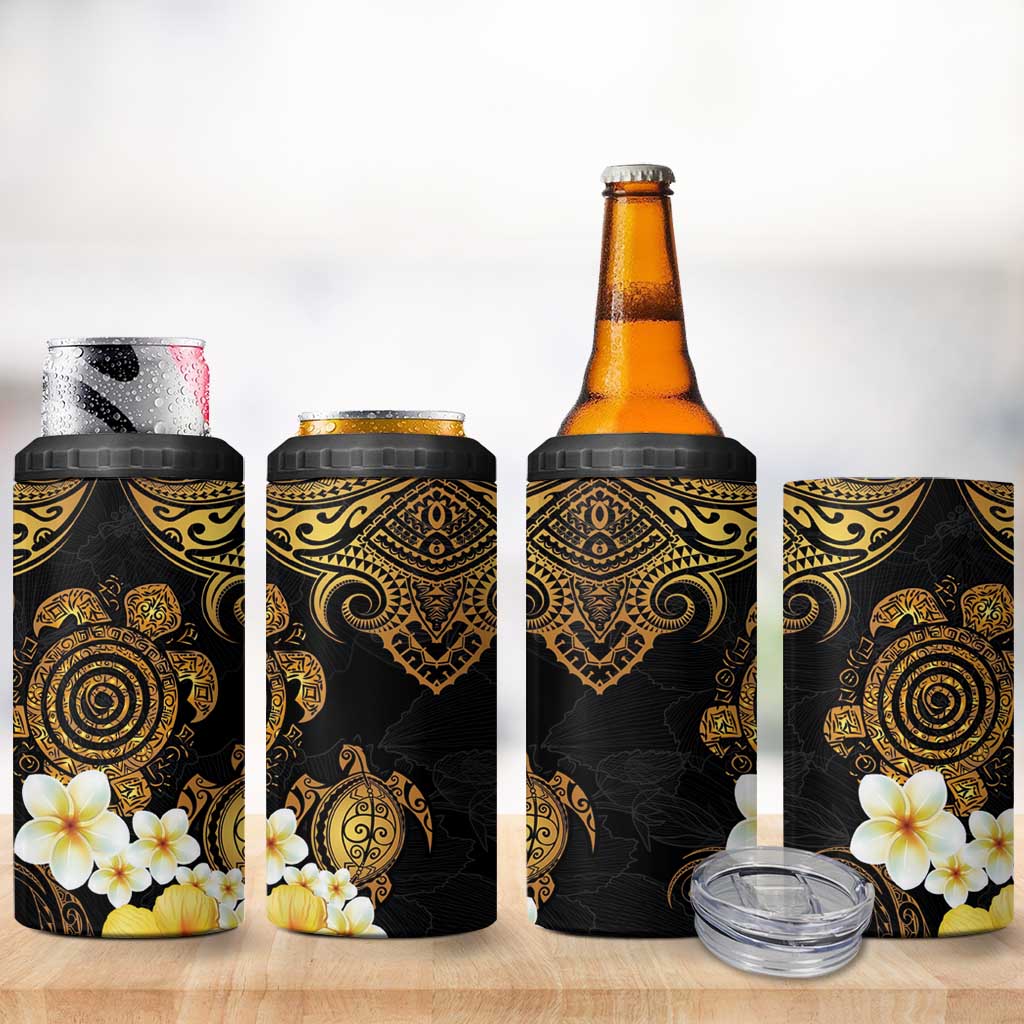 Polynesian Turtle 4 in 1 Can Cooler Tumbler Plumeria Hibiscus Pattern Black Color