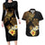 Polynesian Turtle Couples Matching Long Sleeve Bodycon Dress and Hawaiian Shirt Plumeria Hibiscus Pattern Black Color