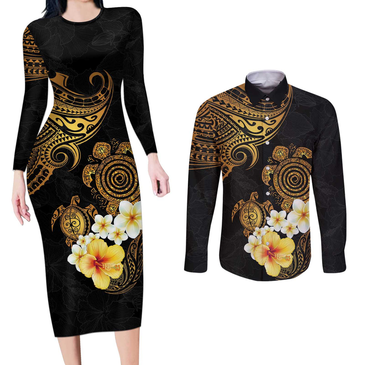 Polynesian Turtle Couples Matching Long Sleeve Bodycon Dress and Long Sleeve Button Shirt Plumeria Hibiscus Pattern Black Color LT03 Black - Polynesian Pride