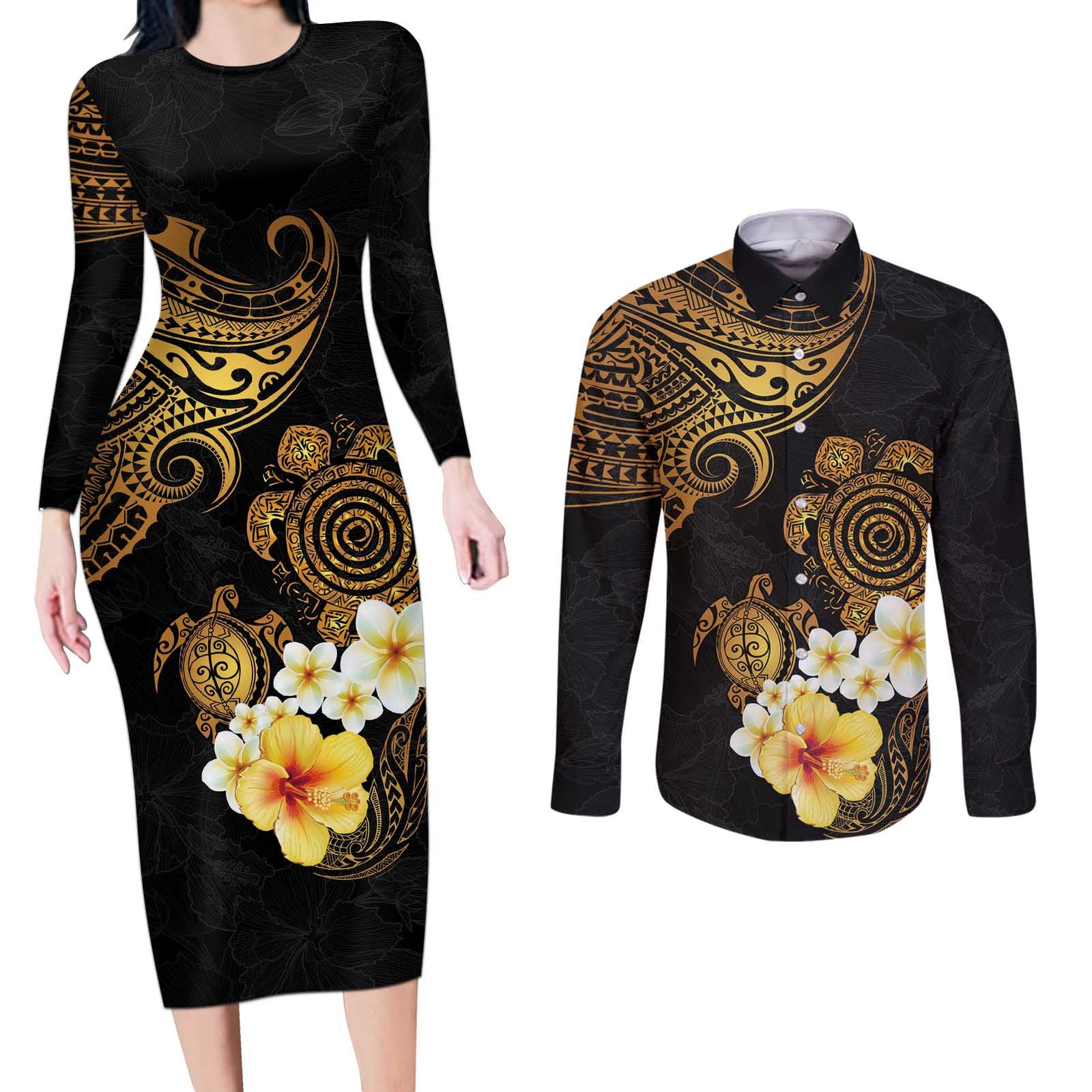 Polynesian Turtle Couples Matching Long Sleeve Bodycon Dress and Long Sleeve Button Shirt Plumeria Hibiscus Pattern Black Color LT03 Black - Polynesian Pride