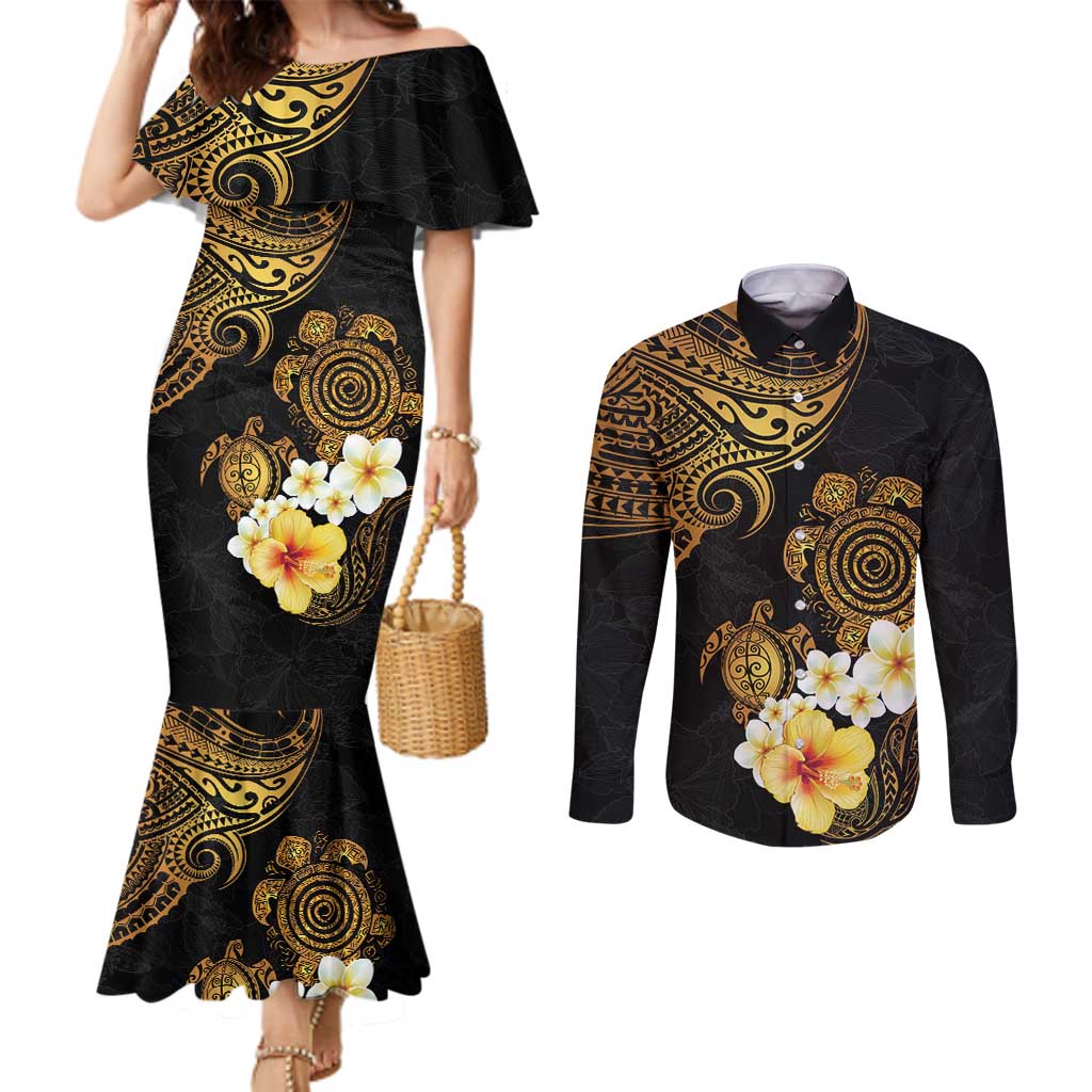 Polynesian Turtle Couples Matching Mermaid Dress and Long Sleeve Button Shirt Plumeria Hibiscus Pattern Black Color LT03 Black - Polynesian Pride