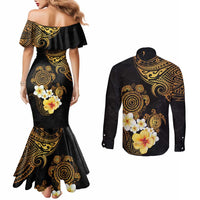 Polynesian Turtle Couples Matching Mermaid Dress and Long Sleeve Button Shirt Plumeria Hibiscus Pattern Black Color LT03 - Polynesian Pride