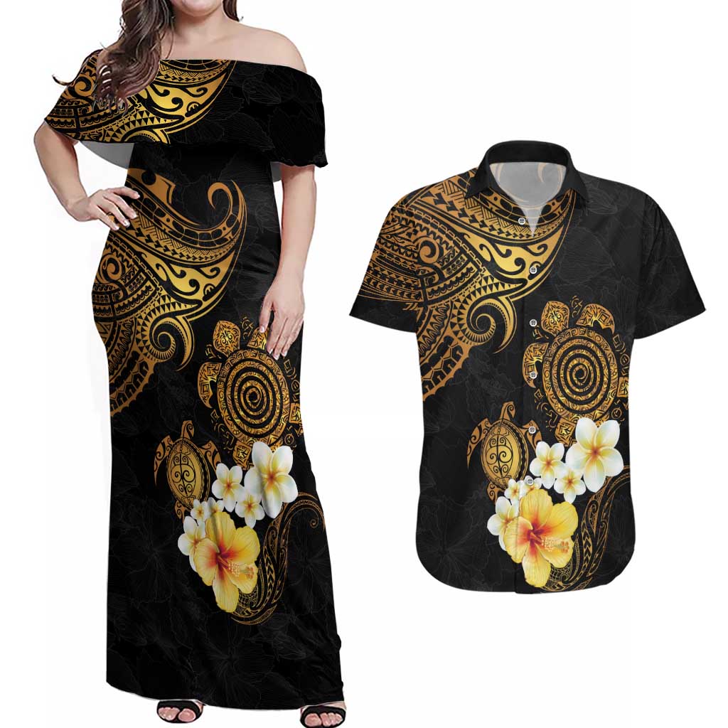 Polynesian Turtle Couples Matching Off Shoulder Maxi Dress and Hawaiian Shirt Plumeria Hibiscus Pattern Black Color