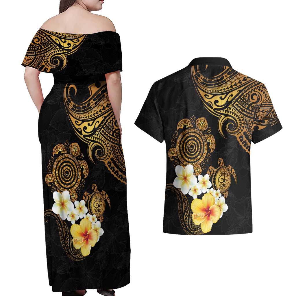 Polynesian Turtle Couples Matching Off Shoulder Maxi Dress and Hawaiian Shirt Plumeria Hibiscus Pattern Black Color LT03 - Polynesian Pride