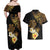 Polynesian Turtle Couples Matching Off Shoulder Maxi Dress and Hawaiian Shirt Plumeria Hibiscus Pattern Black Color