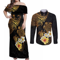 Polynesian Turtle Couples Matching Off Shoulder Maxi Dress and Long Sleeve Button Shirt Plumeria Hibiscus Pattern Black Color LT03 Black - Polynesian Pride