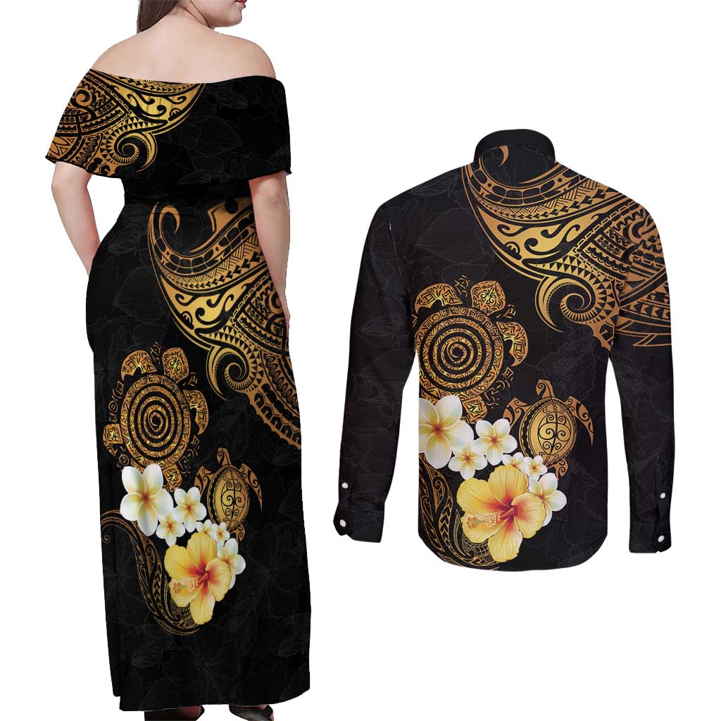 Polynesian Turtle Couples Matching Off Shoulder Maxi Dress and Long Sleeve Button Shirt Plumeria Hibiscus Pattern Black Color LT03 - Polynesian Pride