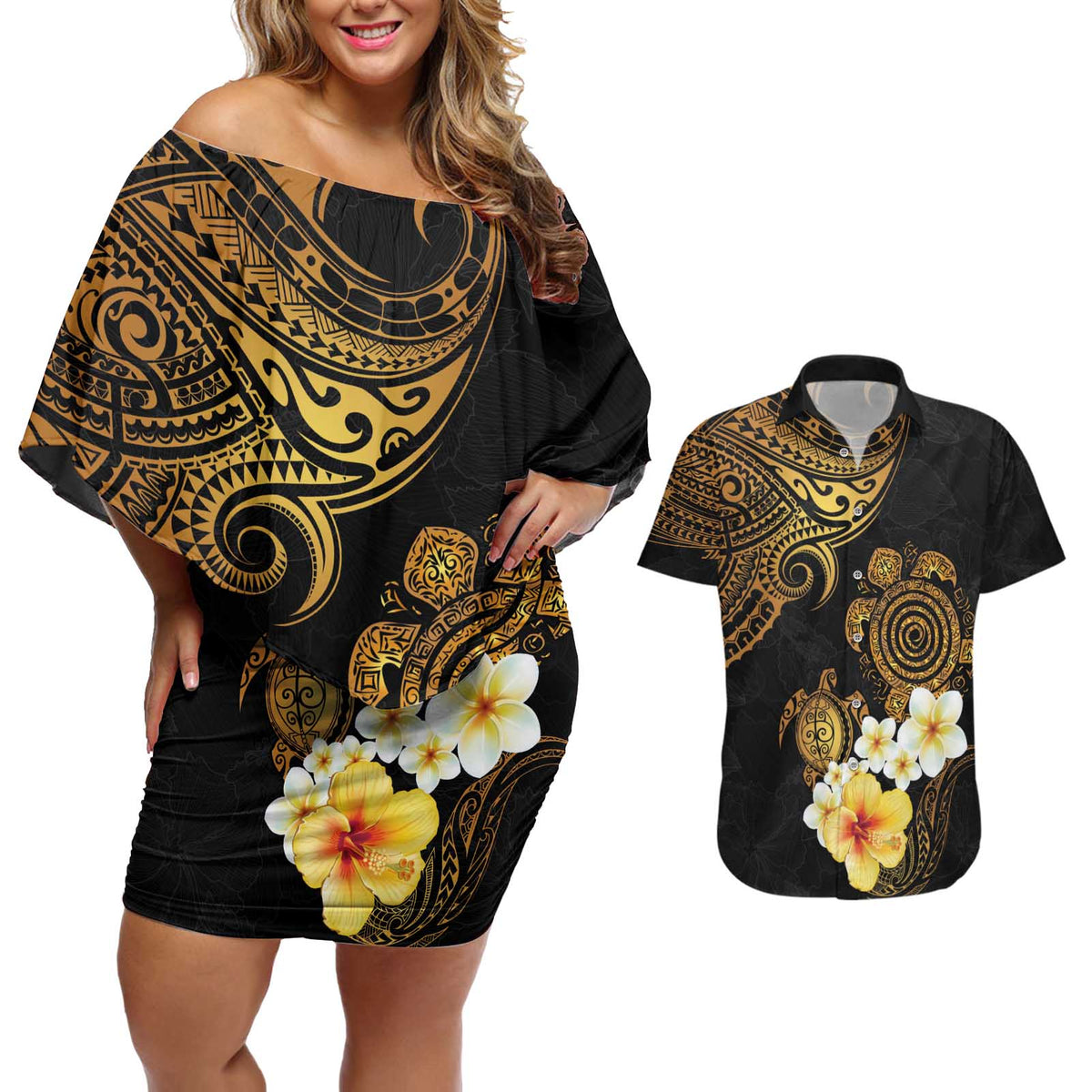 Polynesian Turtle Couples Matching Off Shoulder Short Dress and Hawaiian Shirt Plumeria Hibiscus Pattern Black Color LT03 Black - Polynesian Pride