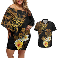 Polynesian Turtle Couples Matching Off Shoulder Short Dress and Hawaiian Shirt Plumeria Hibiscus Pattern Black Color LT03 Black - Polynesian Pride