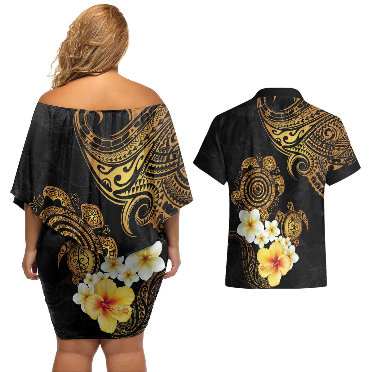 Polynesian Turtle Couples Matching Off Shoulder Short Dress and Hawaiian Shirt Plumeria Hibiscus Pattern Black Color LT03 - Polynesian Pride