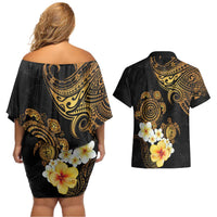 Polynesian Turtle Couples Matching Off Shoulder Short Dress and Hawaiian Shirt Plumeria Hibiscus Pattern Black Color LT03 - Polynesian Pride