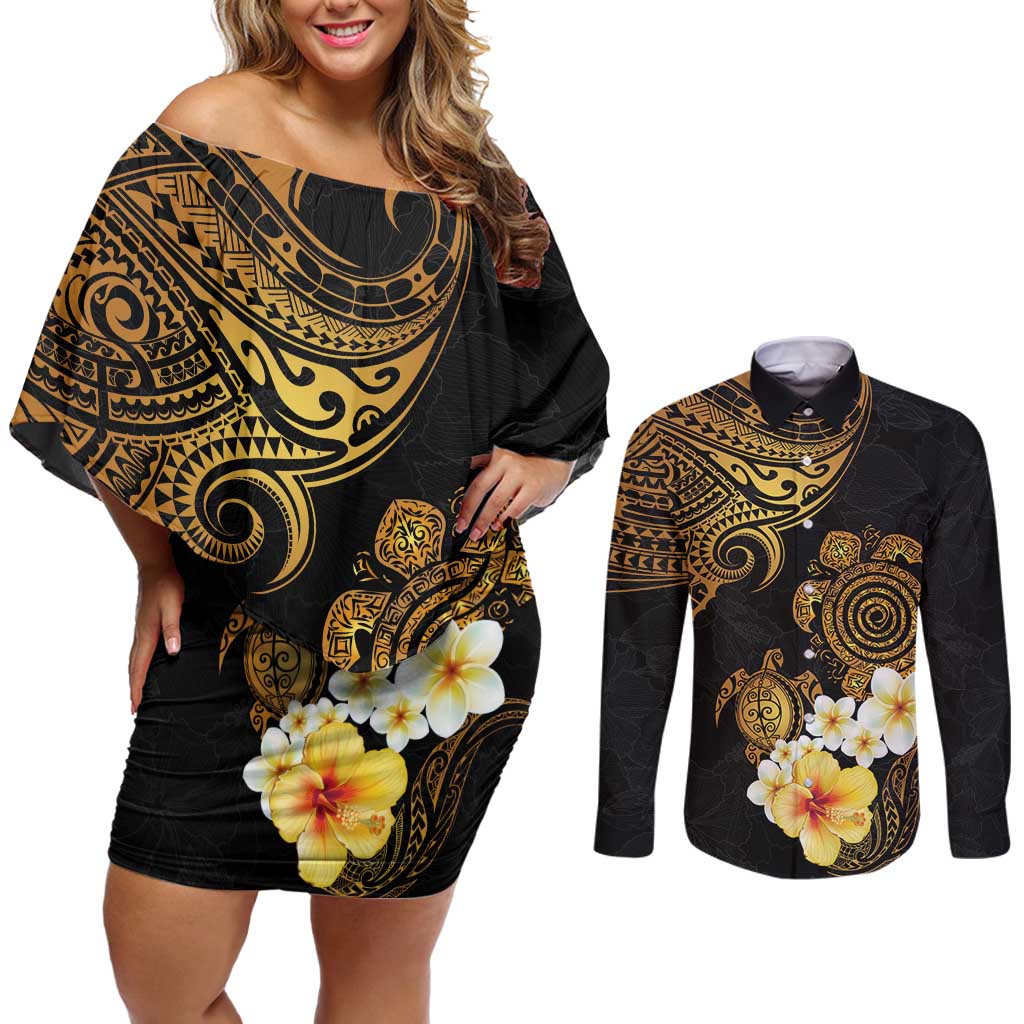 Polynesian Turtle Couples Matching Off Shoulder Short Dress and Long Sleeve Button Shirt Plumeria Hibiscus Pattern Black Color LT03 Black - Polynesian Pride