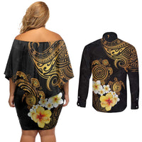 Polynesian Turtle Couples Matching Off Shoulder Short Dress and Long Sleeve Button Shirt Plumeria Hibiscus Pattern Black Color LT03 - Polynesian Pride