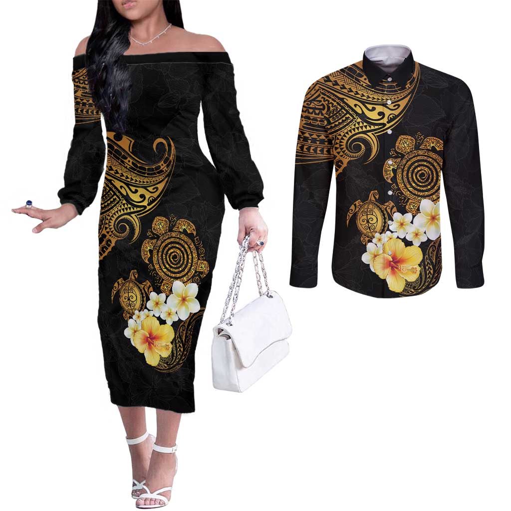 Polynesian Turtle Couples Matching Off The Shoulder Long Sleeve Dress and Long Sleeve Button Shirt Plumeria Hibiscus Pattern Black Color LT03 Black - Polynesian Pride