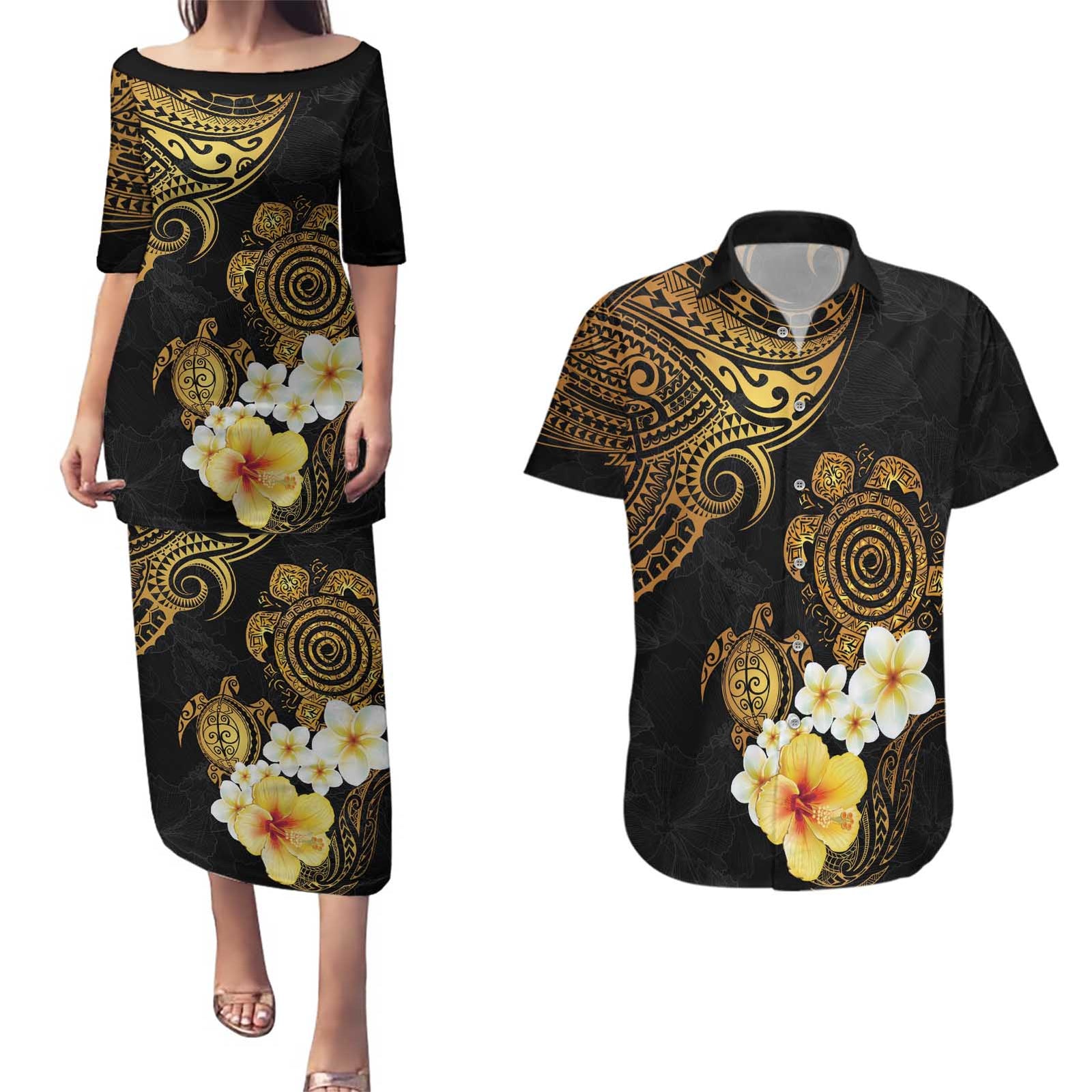 Polynesian Turtle Couples Matching Puletasi and Hawaiian Shirt Plumeria Hibiscus Pattern Black Color LT03 Black - Polynesian Pride