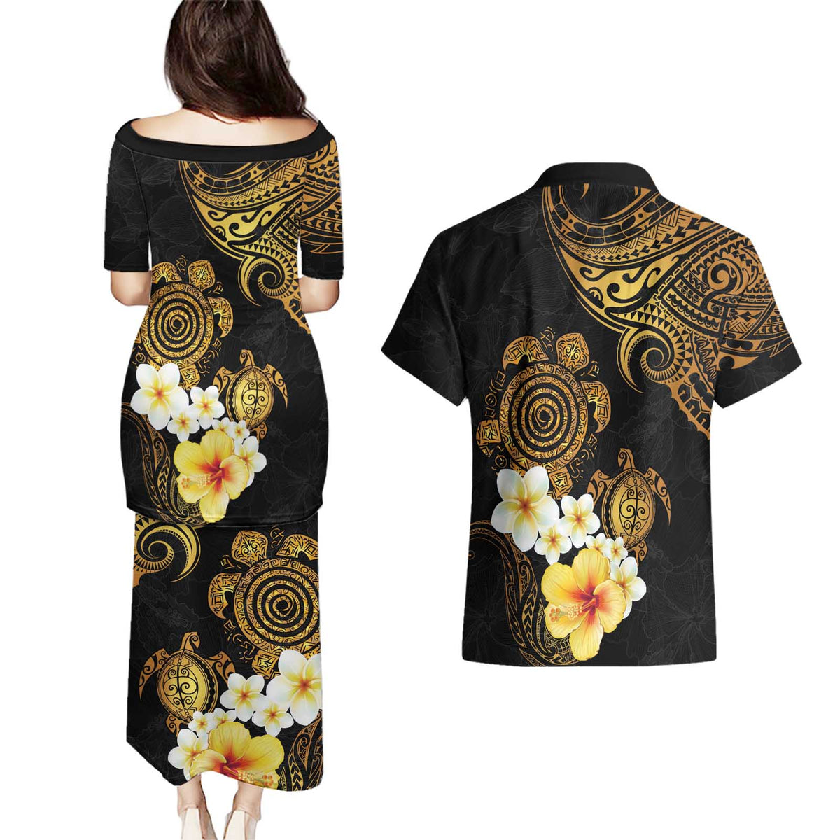 Polynesian Turtle Couples Matching Puletasi and Hawaiian Shirt Plumeria Hibiscus Pattern Black Color LT03 - Polynesian Pride