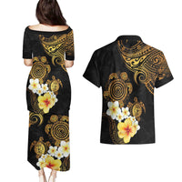 Polynesian Turtle Couples Matching Puletasi and Hawaiian Shirt Plumeria Hibiscus Pattern Black Color LT03 - Polynesian Pride