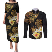 Polynesian Turtle Couples Matching Puletasi and Long Sleeve Button Shirt Plumeria Hibiscus Pattern Black Color LT03 Black - Polynesian Pride