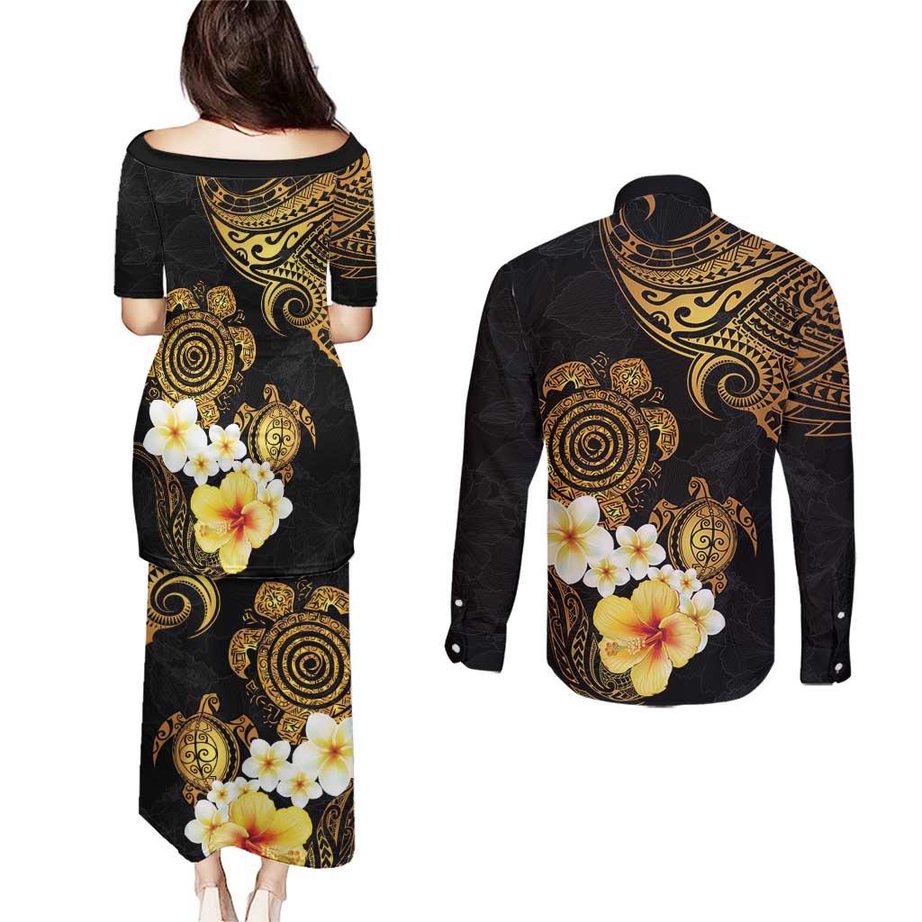 Polynesian Turtle Couples Matching Puletasi and Long Sleeve Button Shirt Plumeria Hibiscus Pattern Black Color LT03 - Polynesian Pride