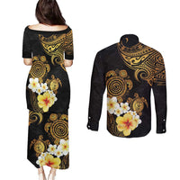 Polynesian Turtle Couples Matching Puletasi and Long Sleeve Button Shirt Plumeria Hibiscus Pattern Black Color LT03 - Polynesian Pride