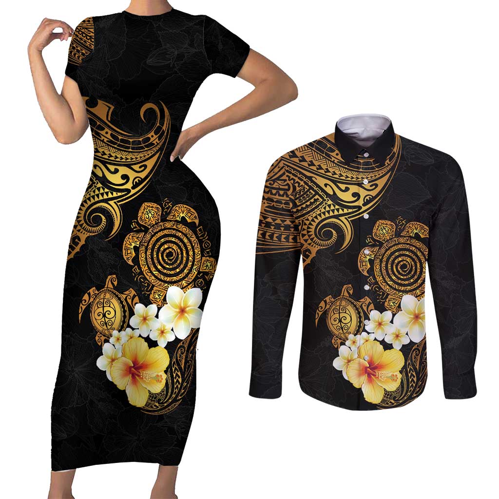 Polynesian Turtle Couples Matching Short Sleeve Bodycon Dress and Long Sleeve Button Shirt Plumeria Hibiscus Pattern Black Color LT03 Black - Polynesian Pride