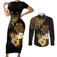 Polynesian Turtle Couples Matching Short Sleeve Bodycon Dress and Long Sleeve Button Shirt Plumeria Hibiscus Pattern Black Color LT03 Black - Polynesian Pride