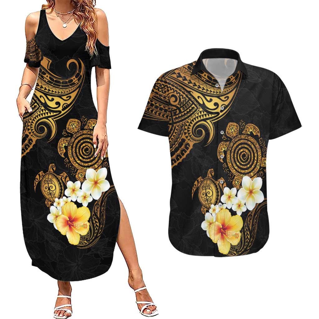 Polynesian Turtle Couples Matching Summer Maxi Dress and Hawaiian Shirt Plumeria Hibiscus Pattern Black Color LT03 Black - Polynesian Pride
