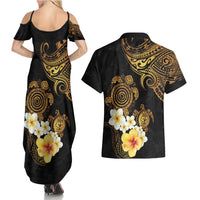 Polynesian Turtle Couples Matching Summer Maxi Dress and Hawaiian Shirt Plumeria Hibiscus Pattern Black Color LT03 - Polynesian Pride