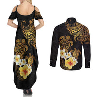 Polynesian Turtle Couples Matching Summer Maxi Dress and Long Sleeve Button Shirt Plumeria Hibiscus Pattern Black Color LT03 - Polynesian Pride