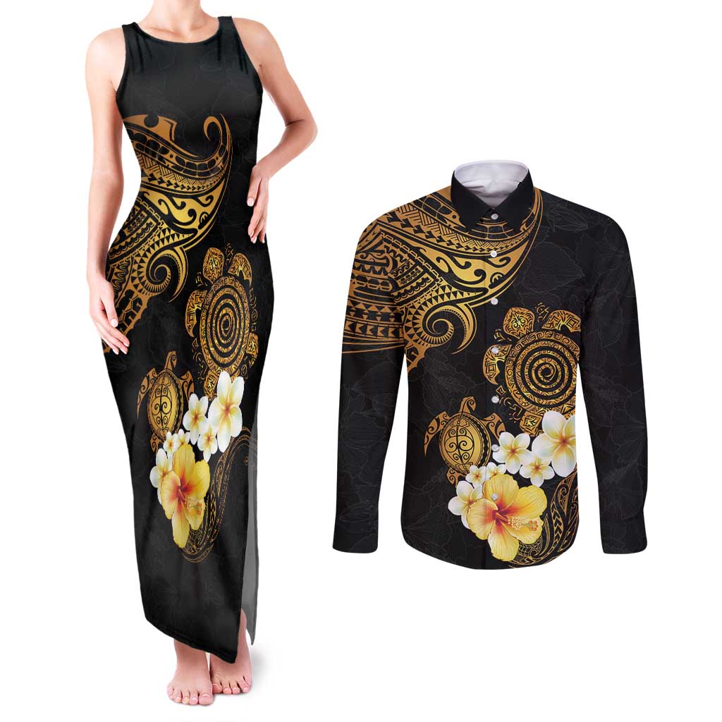 Polynesian Turtle Couples Matching Tank Maxi Dress and Long Sleeve Button Shirt Plumeria Hibiscus Pattern Black Color LT03 Black - Polynesian Pride