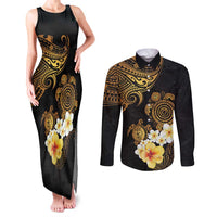 Polynesian Turtle Couples Matching Tank Maxi Dress and Long Sleeve Button Shirt Plumeria Hibiscus Pattern Black Color LT03 Black - Polynesian Pride