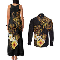 Polynesian Turtle Couples Matching Tank Maxi Dress and Long Sleeve Button Shirt Plumeria Hibiscus Pattern Black Color LT03 - Polynesian Pride