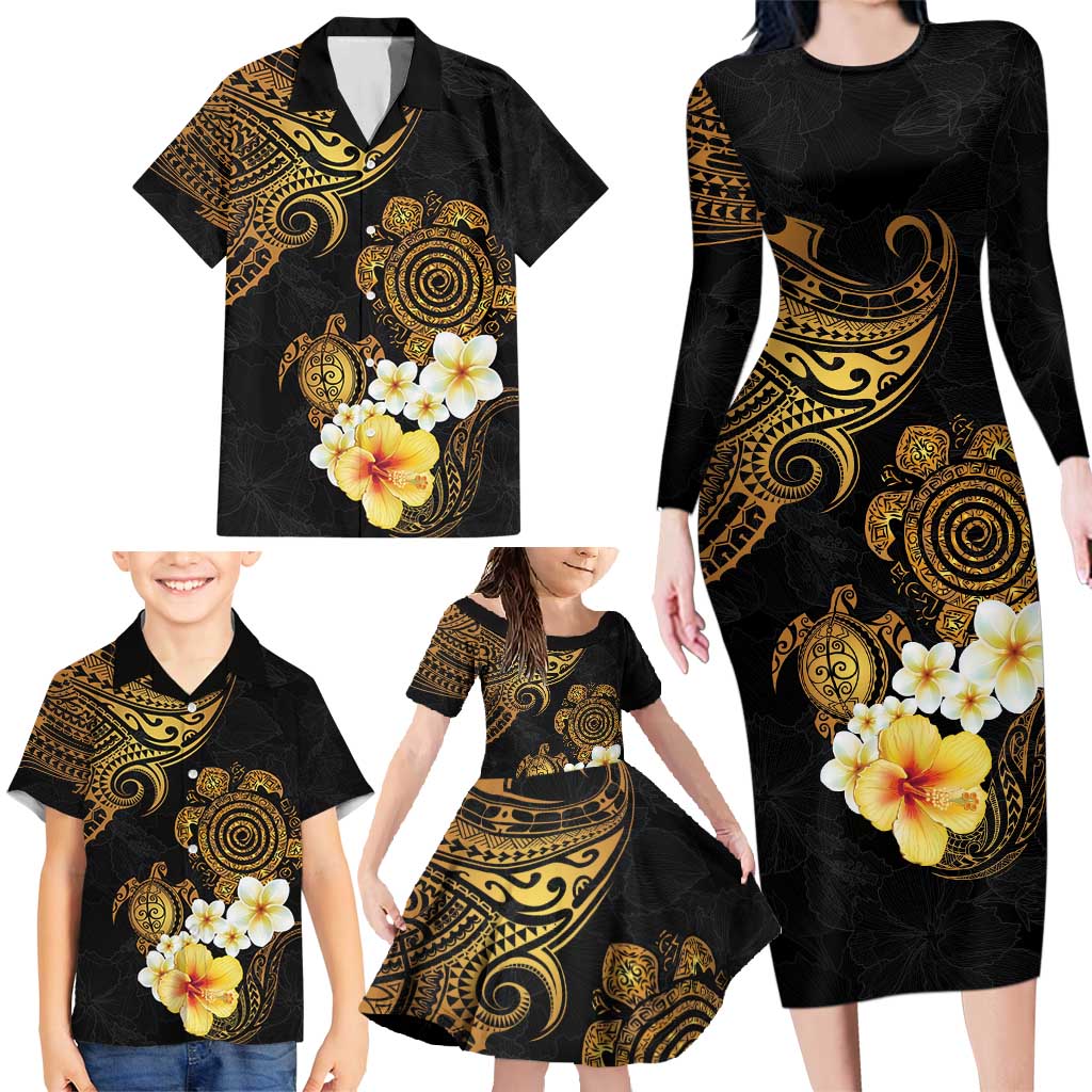 Polynesian Turtle Family Matching Long Sleeve Bodycon Dress and Hawaiian Shirt Plumeria Hibiscus Pattern Black Color LT03 - Polynesian Pride