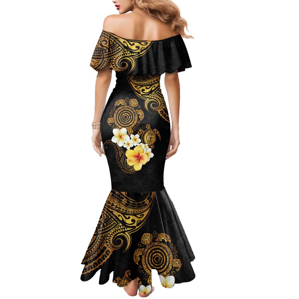 Polynesian Turtle Family Matching Mermaid Dress and Hawaiian Shirt Plumeria Hibiscus Pattern Black Color