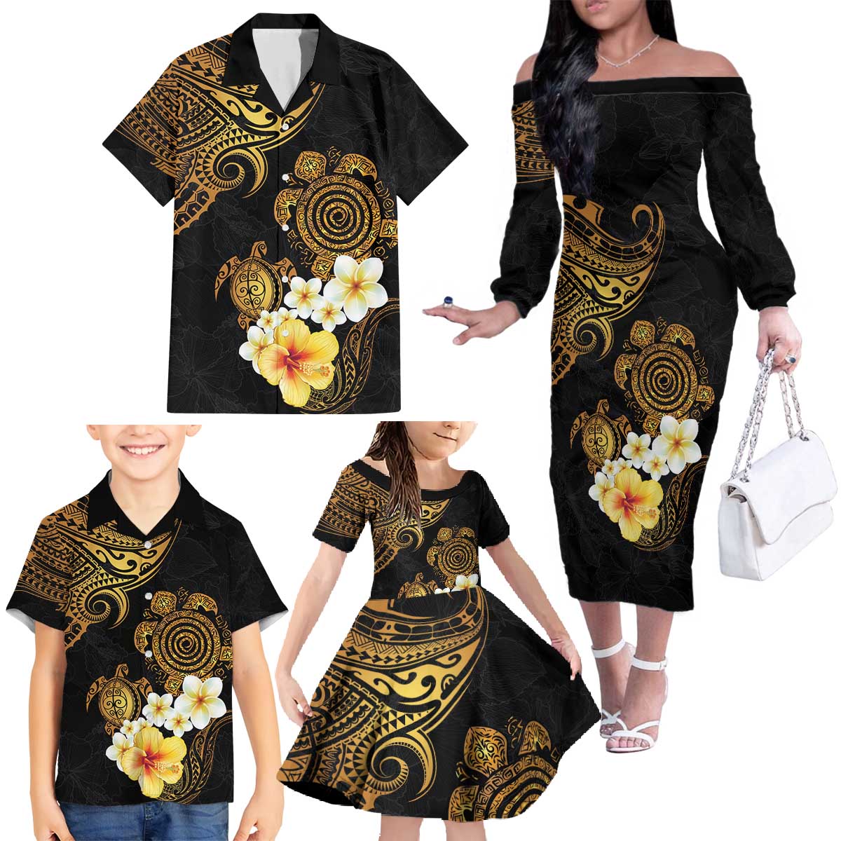 Polynesian Turtle Family Matching Off The Shoulder Long Sleeve Dress and Hawaiian Shirt Plumeria Hibiscus Pattern Black Color