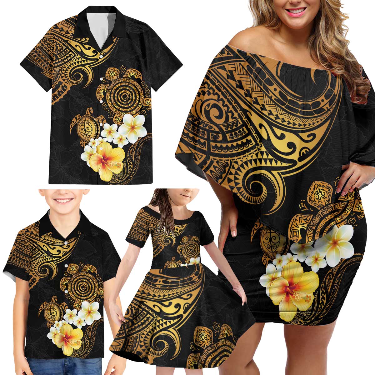 Polynesian Turtle Family Matching Off Shoulder Short Dress and Hawaiian Shirt Plumeria Hibiscus Pattern Black Color