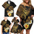 Polynesian Turtle Family Matching Off Shoulder Short Dress and Hawaiian Shirt Plumeria Hibiscus Pattern Black Color