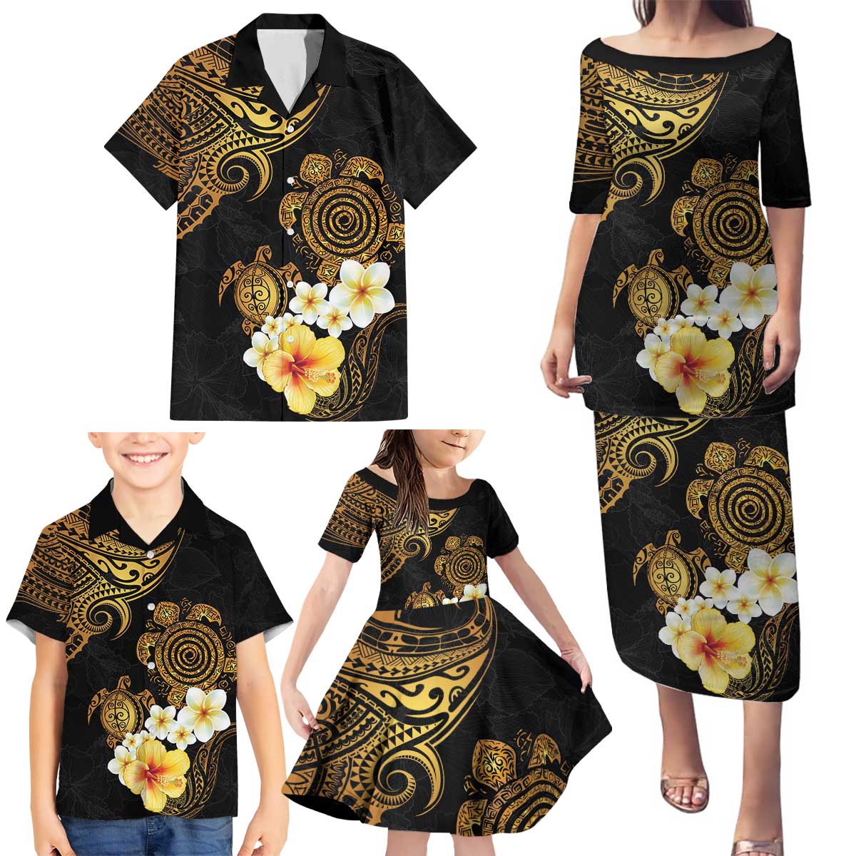 Polynesian Turtle Family Matching Puletasi and Hawaiian Shirt Plumeria Hibiscus Pattern Black Color