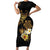 Polynesian Turtle Family Matching Short Sleeve Bodycon Dress and Hawaiian Shirt Plumeria Hibiscus Pattern Black Color