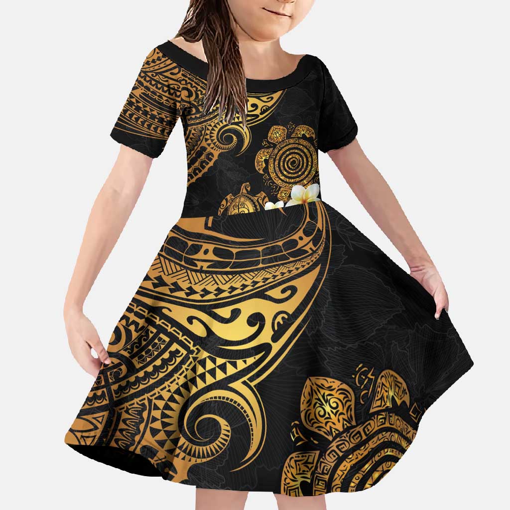 Polynesian Turtle Family Matching Summer Maxi Dress and Hawaiian Shirt Plumeria Hibiscus Pattern Black Color LT03 Daughter's Dress Black - Polynesian Pride