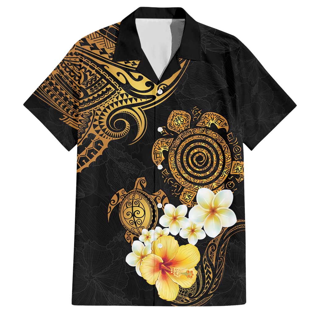 Polynesian Turtle Hawaiian Shirt Plumeria Hibiscus Pattern Black Color